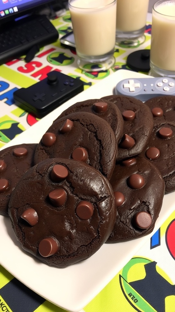 A plate of dark chocolate milk cookies with chocolate chips on a gaming-themed table.